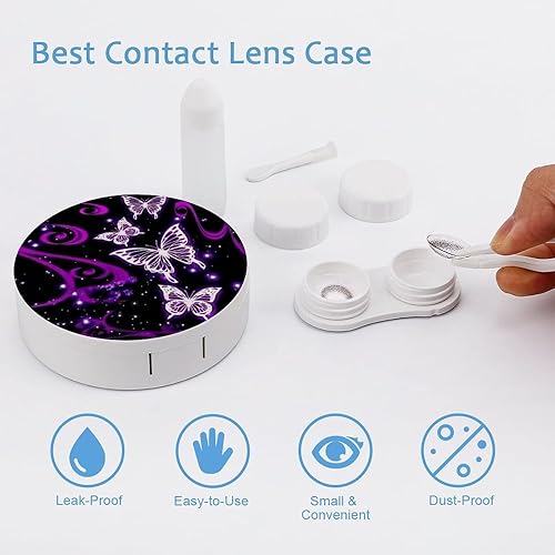 Miniatura 3 de Bagea-Ka Caja de lentes de contacto con patrón de mariposa morada, kit de cuidado de ojos, caja de espejo con pinzas removedor de herramientas,