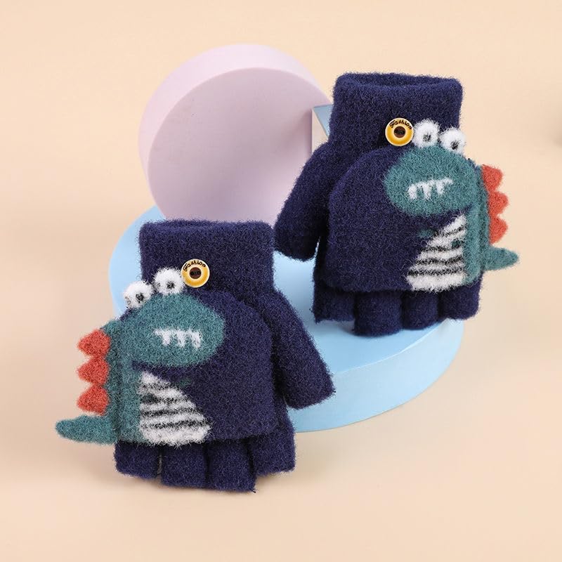 Kids Boys Girls Dinosaur Flip Top Gloves with Mitten Cover Knitted Winter Fingerless Toddler Convertible Mittens - Image 4