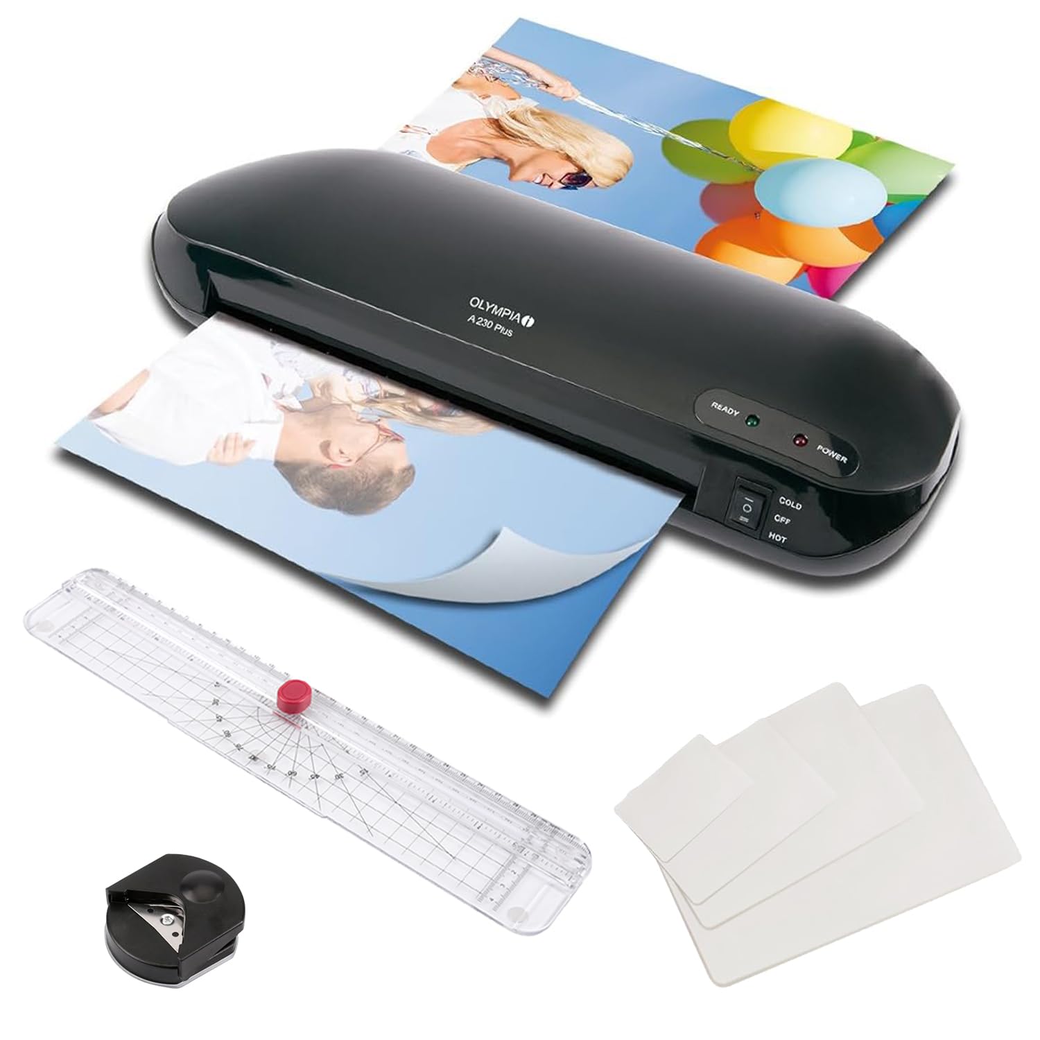 Olympia A 230 Plus zestaw do laminowania 4 w 1, laminowanie na gorąco i zimno, szybki czas nagrzewania, zestaw do laminowania z zaokrąglonymi narożnikami, przecinakiem do papieru i folią, idealny do