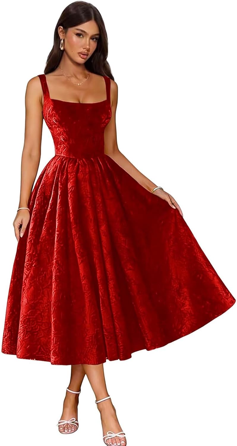 Jacquard Satin Prom Dresses 2026 Floral Square Neck Tea Length Ruched Elegant Formal Ball Gown with Pockets