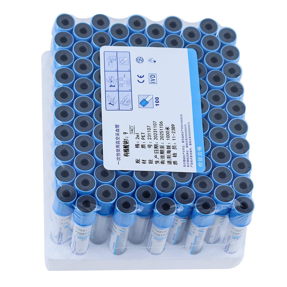 100 Provette per Prelievo di Sangue Sottovuoto, Provette in Vetro Sottovuoto da 2 Ml/5 Ml/10 Ml con Tappo A Vite Blu, Provetta Monouso Sterile in Citrato di Sodio 1:9, per Laboratorio,10ML