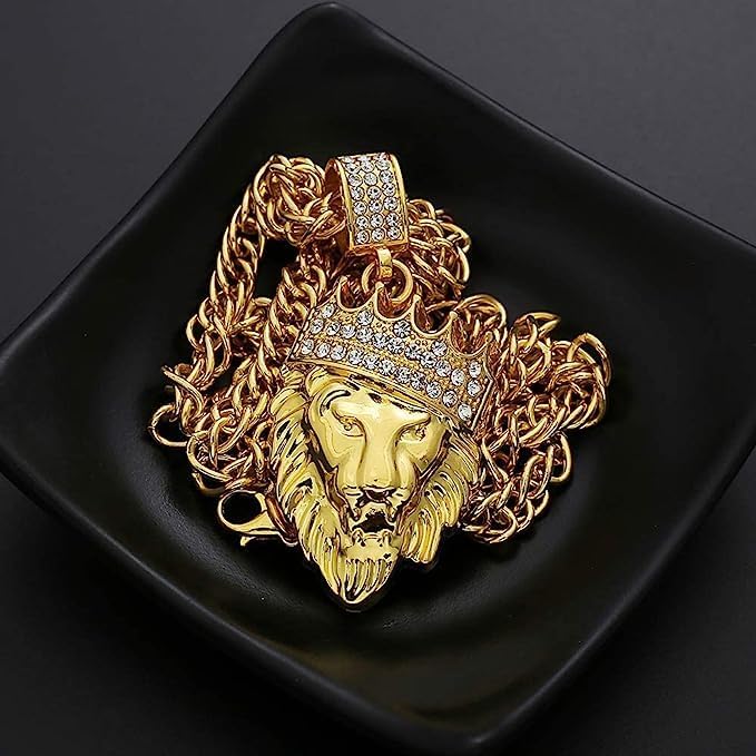 Lion's head men's necklace, hip-hop jewelry gold crown lion's head pendant, Cuban chain gold necklace - Image 6