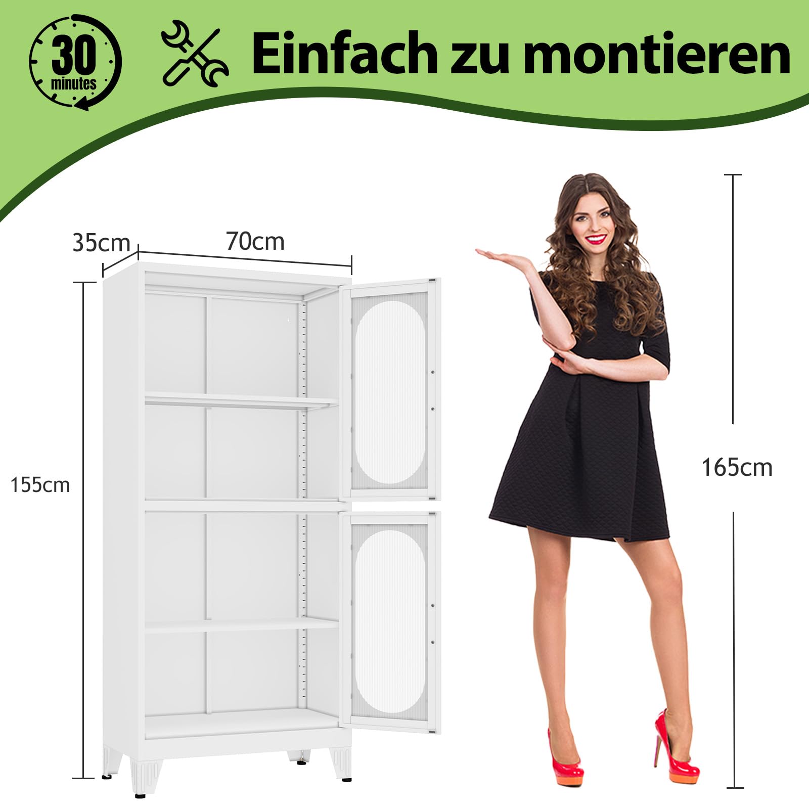 155㎝ H Metallküche Speisekammer Aufbewahrungsschrank, freistehender Schrank mit 4 Acrylglastüren und 2 verstellbaren Regalen, stehende Aufbewahrung für Küche, Bad, Garage oder Esszimmer (Weiß)