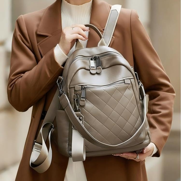 Genuine Leather Backpack Purse For Women Grey Quilted Real Soft Leather Fashion Designer Convertible Ladies Shoulder Bag - Image 4