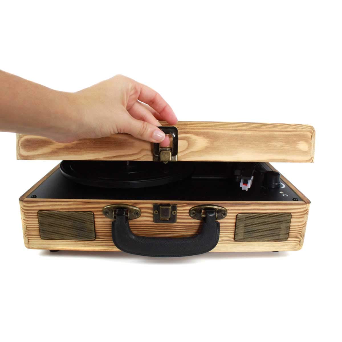 PRIXTON - Vintage Vinyl-Plattenspieler, Vinyl-Player und Musik-Player über Bluetooth und USB, 2 eingebaute Lautsprecher, Plattenspieler Koffer, Farbe Holz | VC400