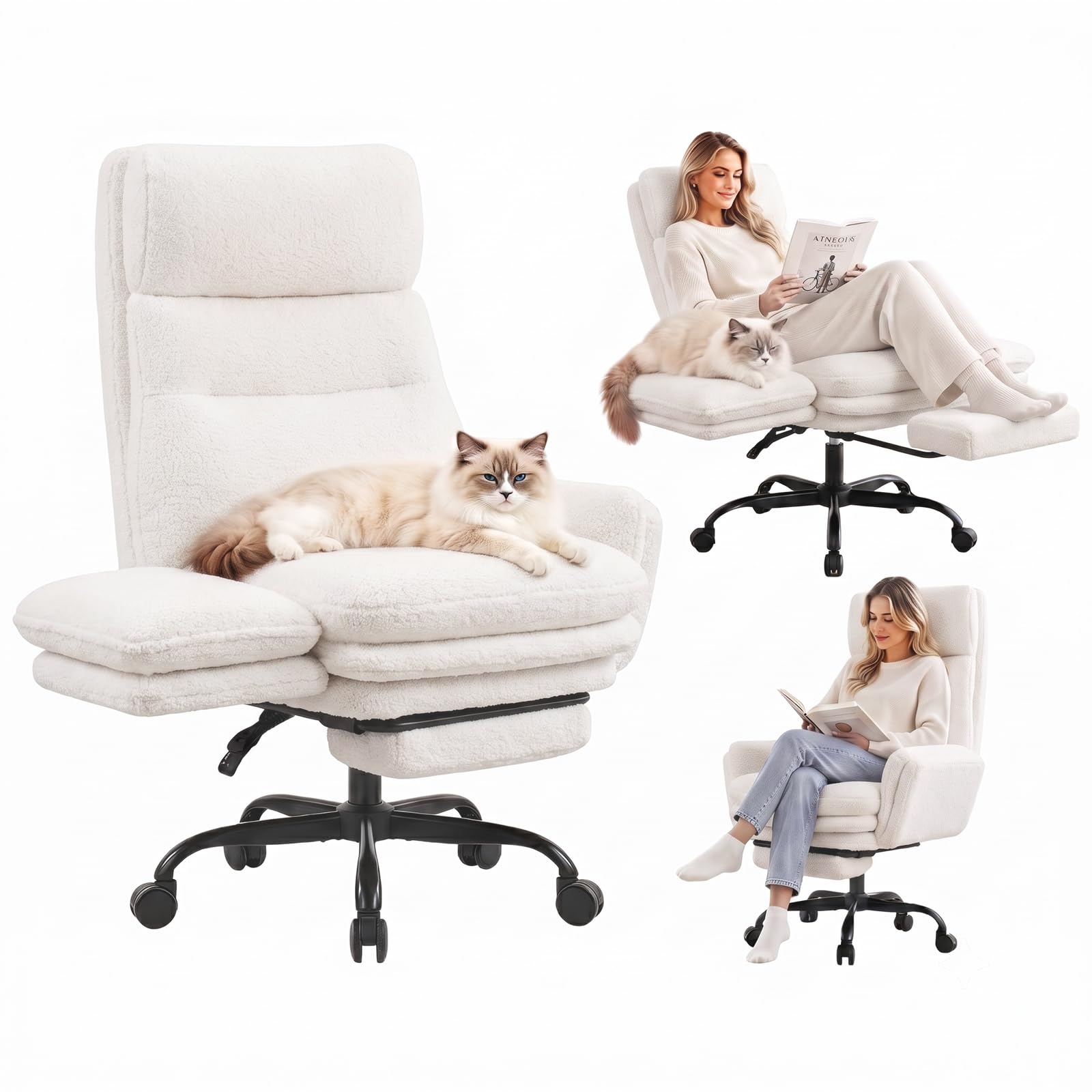 WUPY Big and Tall Office Chair, Ergonomic Heavy Duty Desk Chair with Footrest, 135° Reclining Cross Legged Chair with Padded Flip-up Armrests for Pets, Teddy Fleece, for Home Office, Vanity, Beige