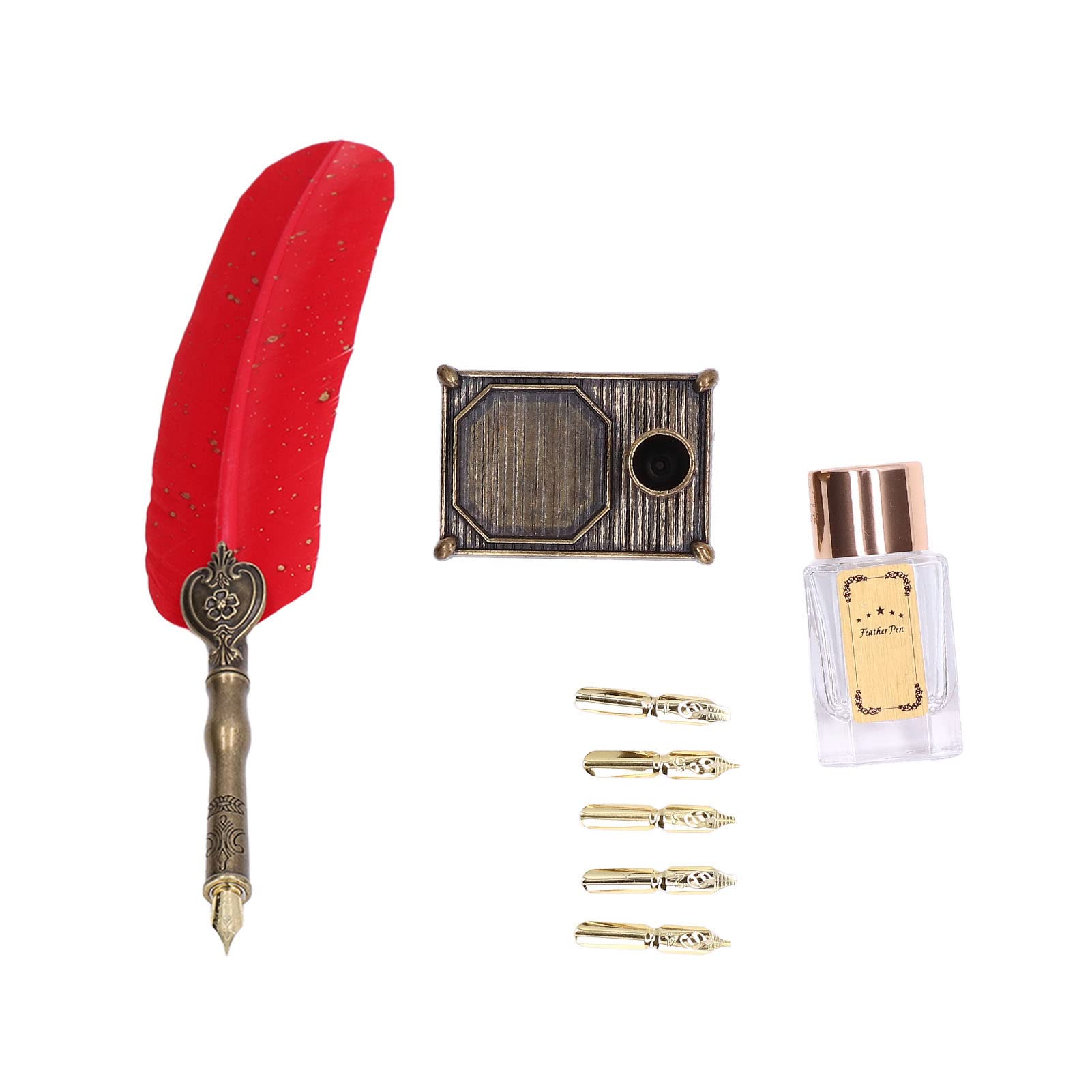 Muiltvoe Vintage Feather Quill Pen Set with Stainless Steel Nib and Ink Bottle for Calligraphy Writing Dip Pen Quill Feather Pen (Black)