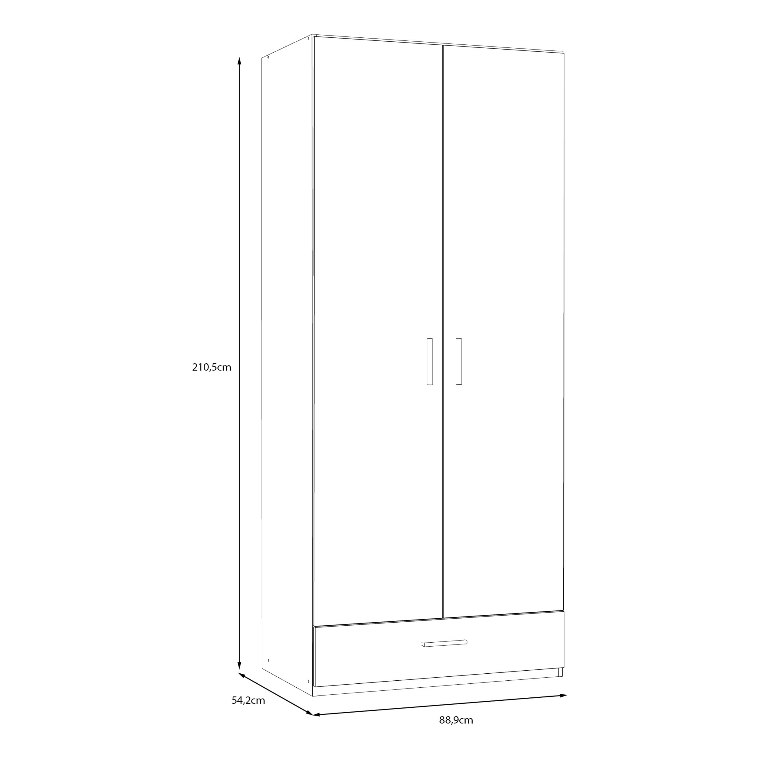 Forte TRAWEN Kleiderschrank 90, moderner Kleiderschrank, Flurschrank, Mehrzweckschrank, 2-türig, Schublade, Holzwerkstoff, Weiß, 88,9 cm breit x 210,5 cm hoch x 54,2 cm tief