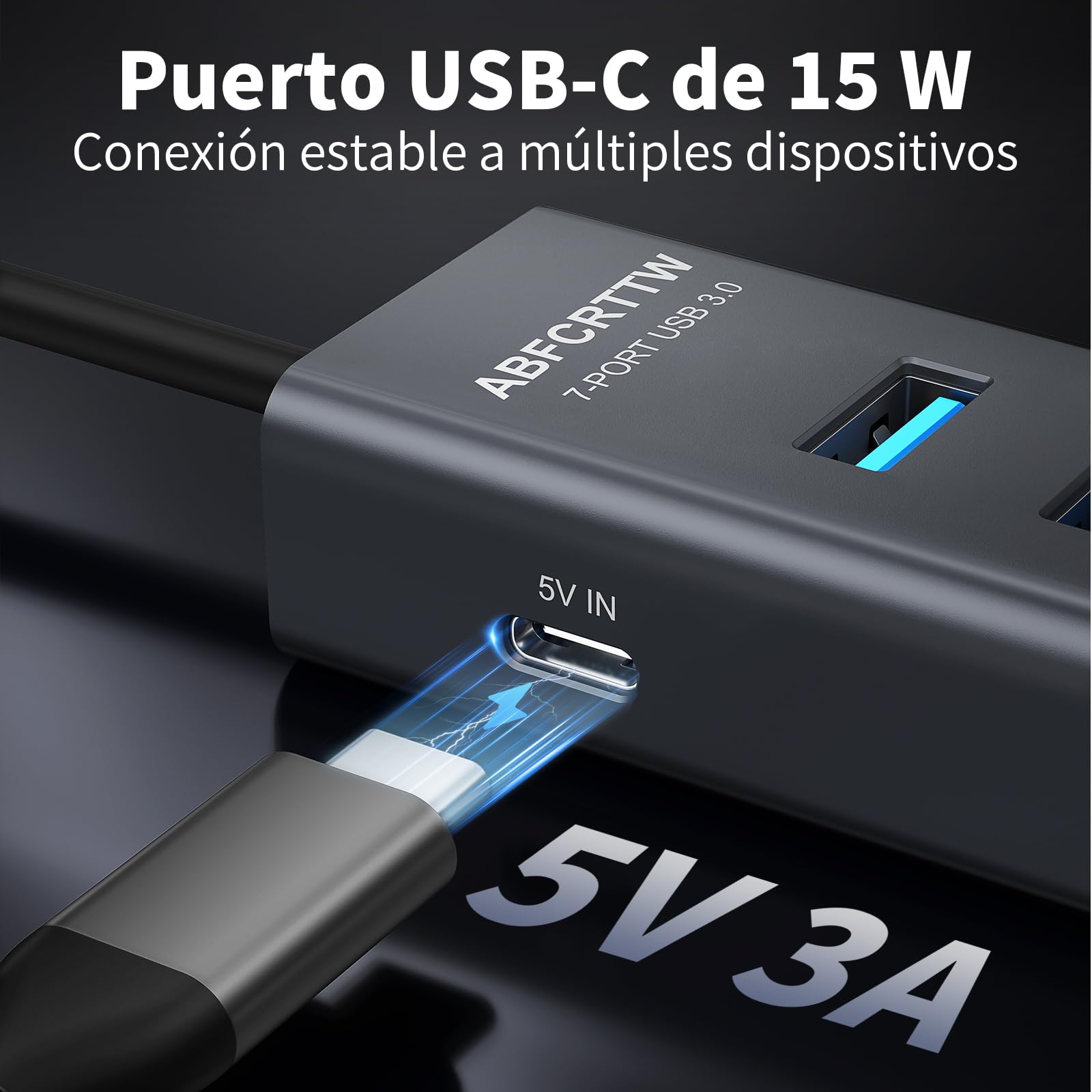 7 Puertos Hub USB 3.0 con 120cm Cable para PC Computadora, Aluminio USB Hub Adaptador multipuerto con USB 3.0 5Gbps, 5V 3A USB-C Alimentado para PC, Laptop, MacBook, Mouse, Teclado, U-Disk etc.