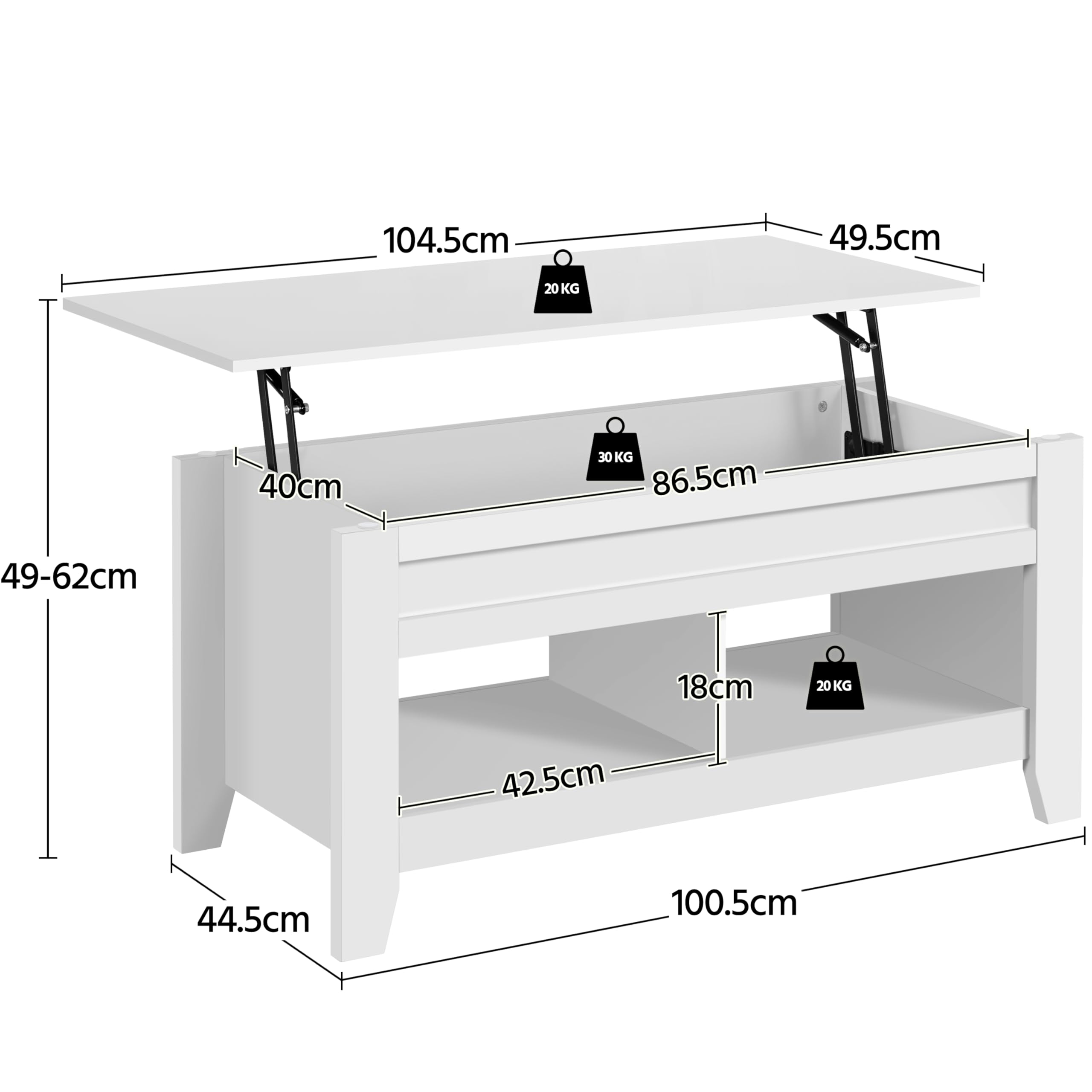 Yaheetech Mesa Centro Elevable de Madera Mesa de Café para Salón con Revistero Mueble de Diseño Moderno 104.5 x 49.5 x (49-61.5) cm Blanco