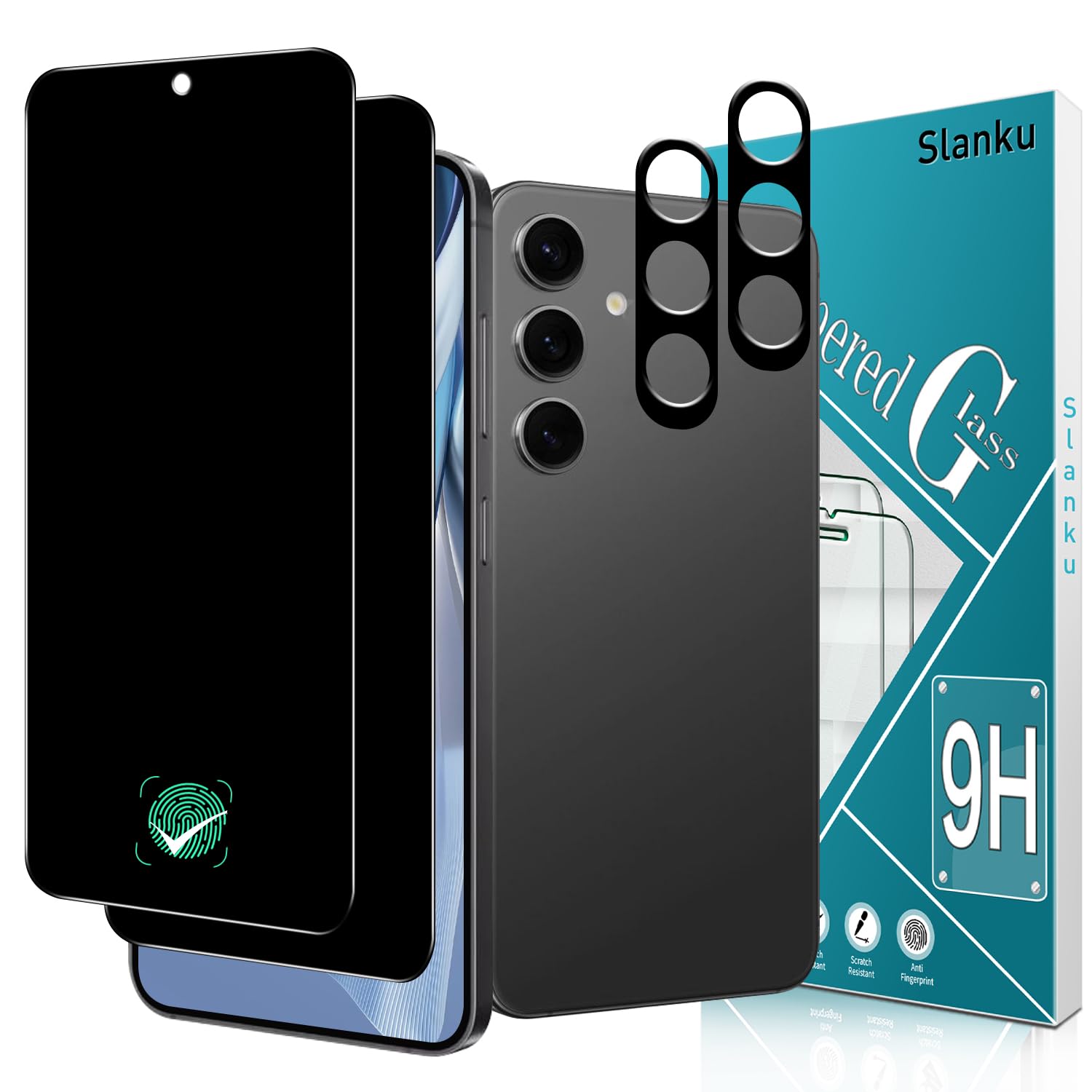 Slanku [2+2 Pack for Samsung Galaxy S24 Privacy Screen Protector Tempered Glass with Camera Lens Protector, Anti-Spy, No Bubbles, Touch Sensitive