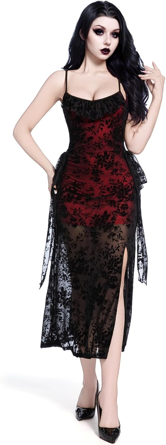 LANSHULAN Red & Black Velvet Slit Fitted Midi Goth Dress,Gothic Vintage Renaissance Halloween Dress - Image 2