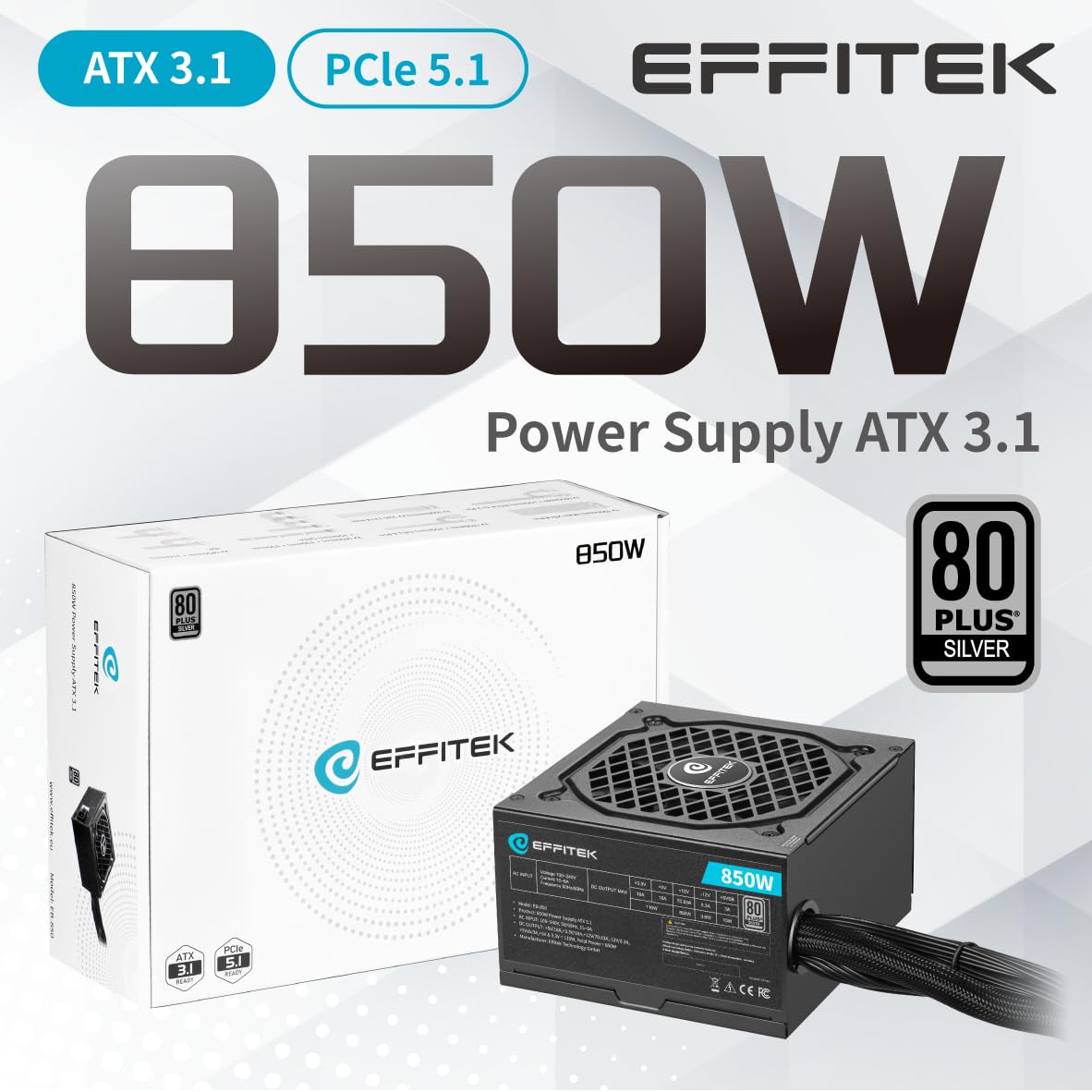 850 W ATX 3.1 Gamer zasilacz 80 Plus Silver obsługuje PCIe 5.1 GPU