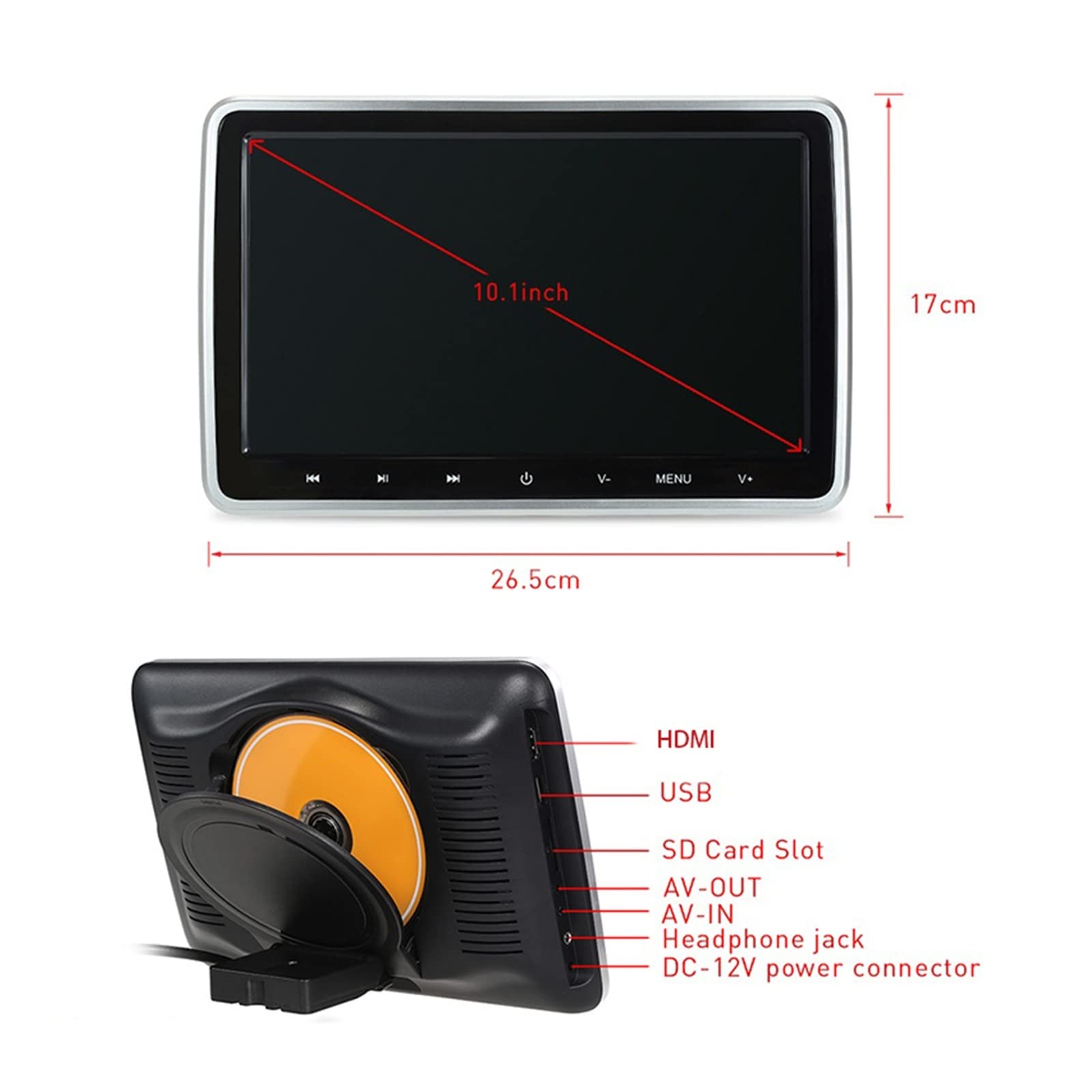 Lettore DVD Lettori video for auto da 10,1 pollici Portatile MP5 Schermo LCD Poggiatesta Pulsante a sfioramento Monitor gioco USB SD FM Altoparlante IR Viaggi in famiglia(2 DVD Player Monitor)