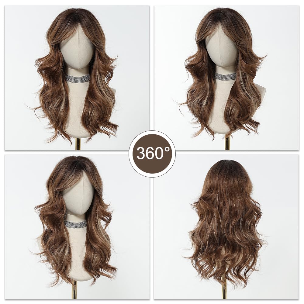 Esmee Perruque Marron Longue et Droite pour Femmes Perruque à Frange en Cheveux Synthétiques Layered pour Soirée Cosplay Quotidienne