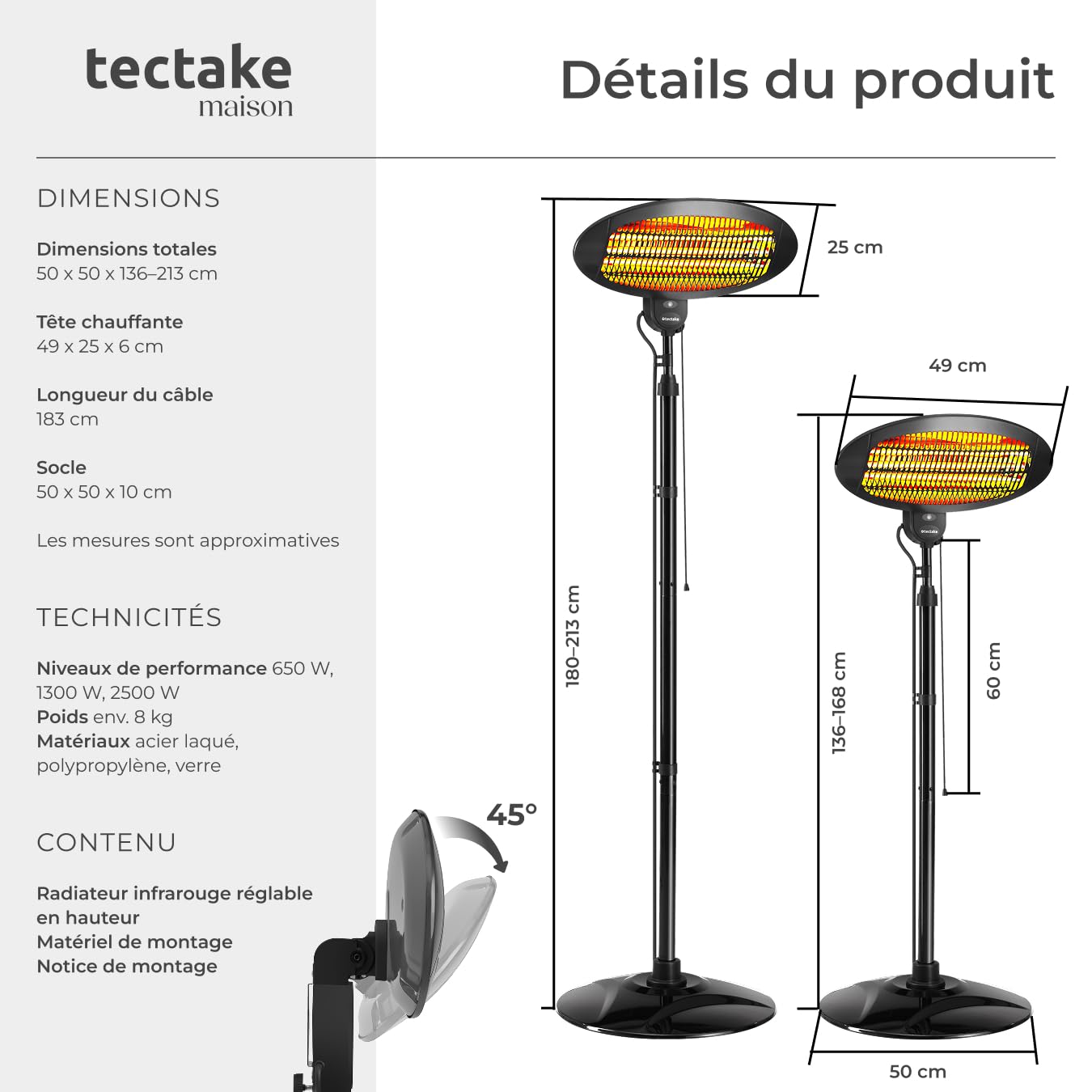 tectake® Chauffage Electrique Infrarouge Silencieux Chauffage exterieur terrasse réglable économique 650W, 1300W & 2000W Chauffages d'appoint pour Jardin, Balcon, Chambre, Salon, Table à langer