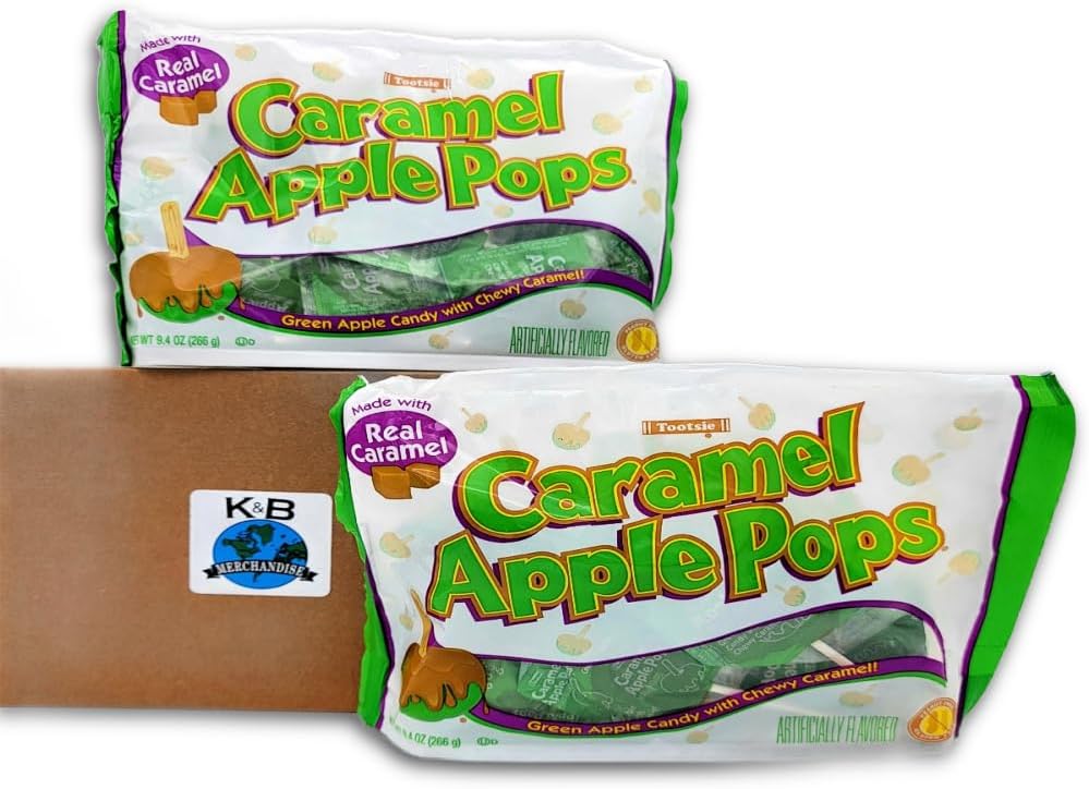 Tootsie Caramel Apple Pops - Green Apple Lollipop Candy (Two Packs 18.8 ounces in total) Individually Wrapped Hard Candy- Gluten-Free & Peanut-Free Each order is bundled with a sturdy K&B Merchandise box