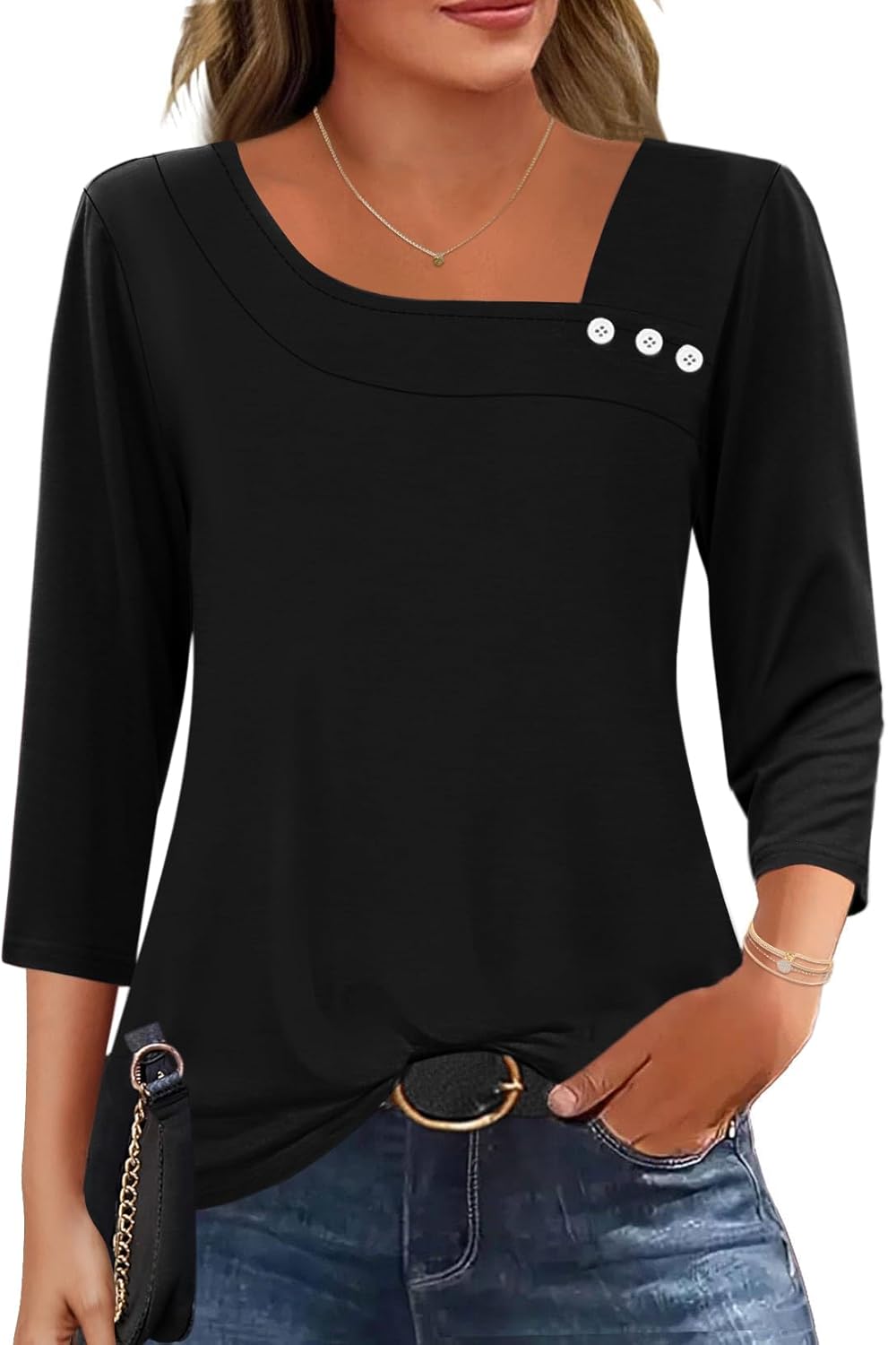 LOMON Womens 3/4 Length Sleeve T Shirts Asymmetrical Neck Tops Business Blouses for Women Fashion 2026