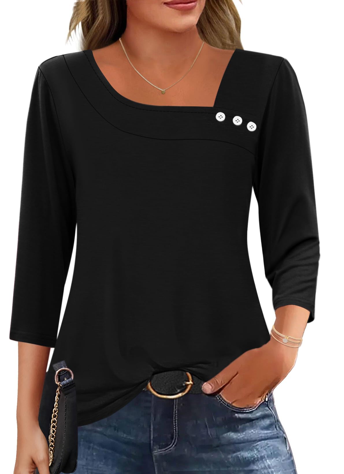 Kistore Bluse Damen 3/4 Ärmel Tunika Basic Sommer Langarm Blusen Tops Elegant Oberteil 2026 Lässig Tuniken Leicht Unregelmäßiger Kragen Große Größen Kleidung (XL,Schwarz)