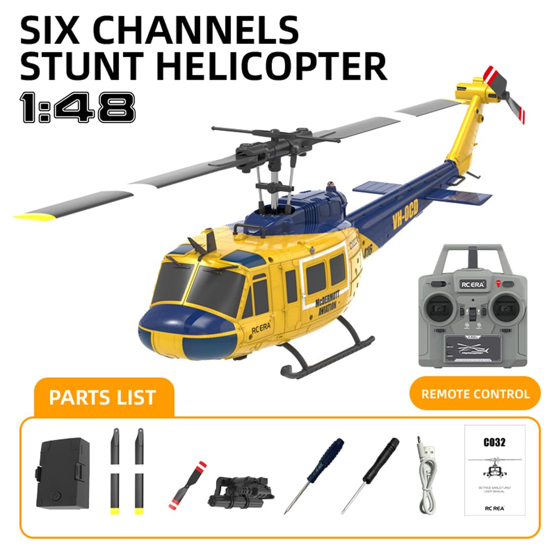 RC ERA C032 6CH UH-1 Huey RC-Hubschrauber mit optischem Fluss-Schwebeflug Höhenhaltung One-Key 3D-Rückwärtsflug 6-Axis Gyro Ferngesteuerter Helikopter für Erwachsene – RTF