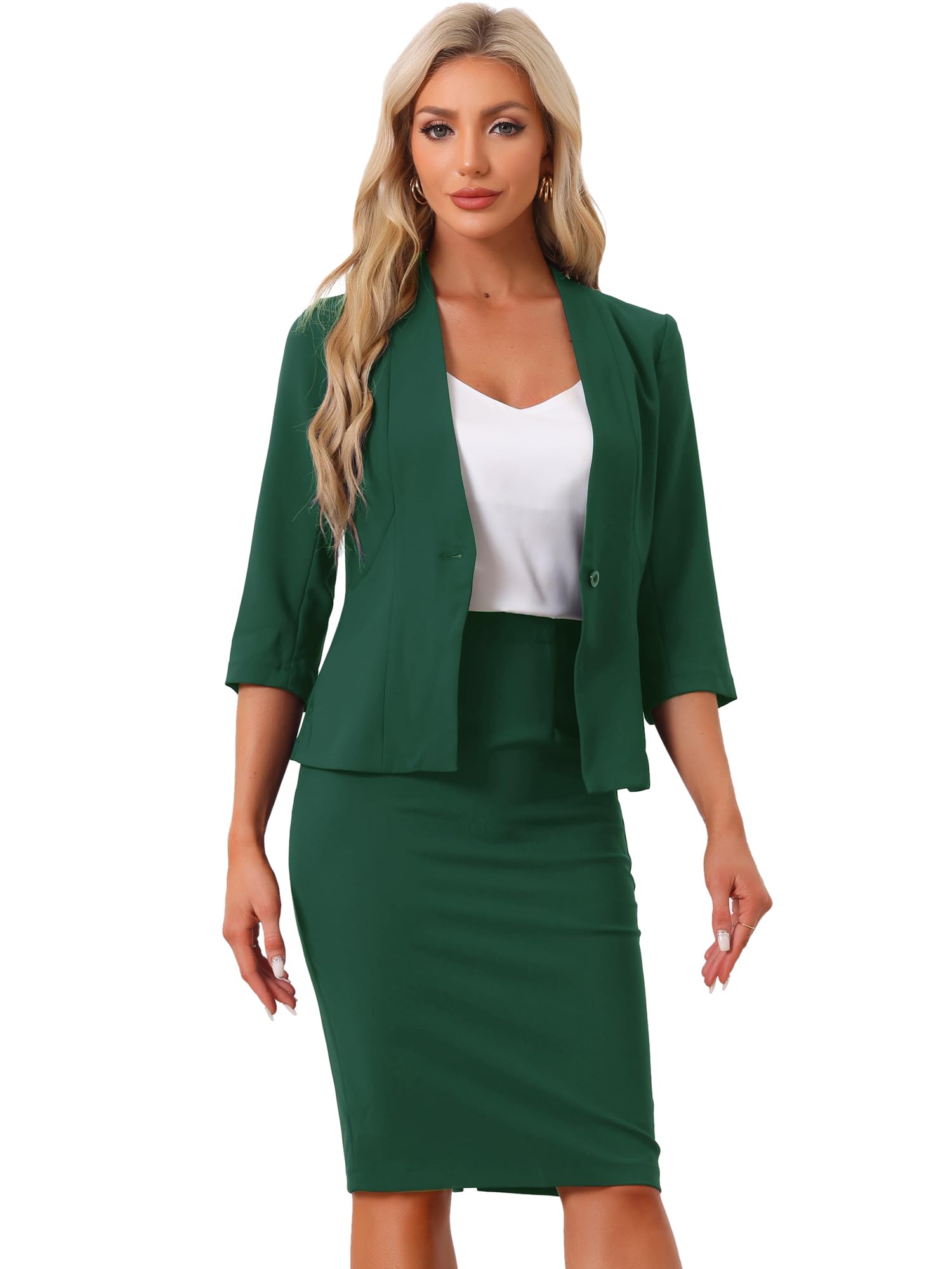 Allegra K Set da donna con gonna da lavoro, 2 pezzi, per ufficio, lavoro, blazer senza colletto e gonna a matita