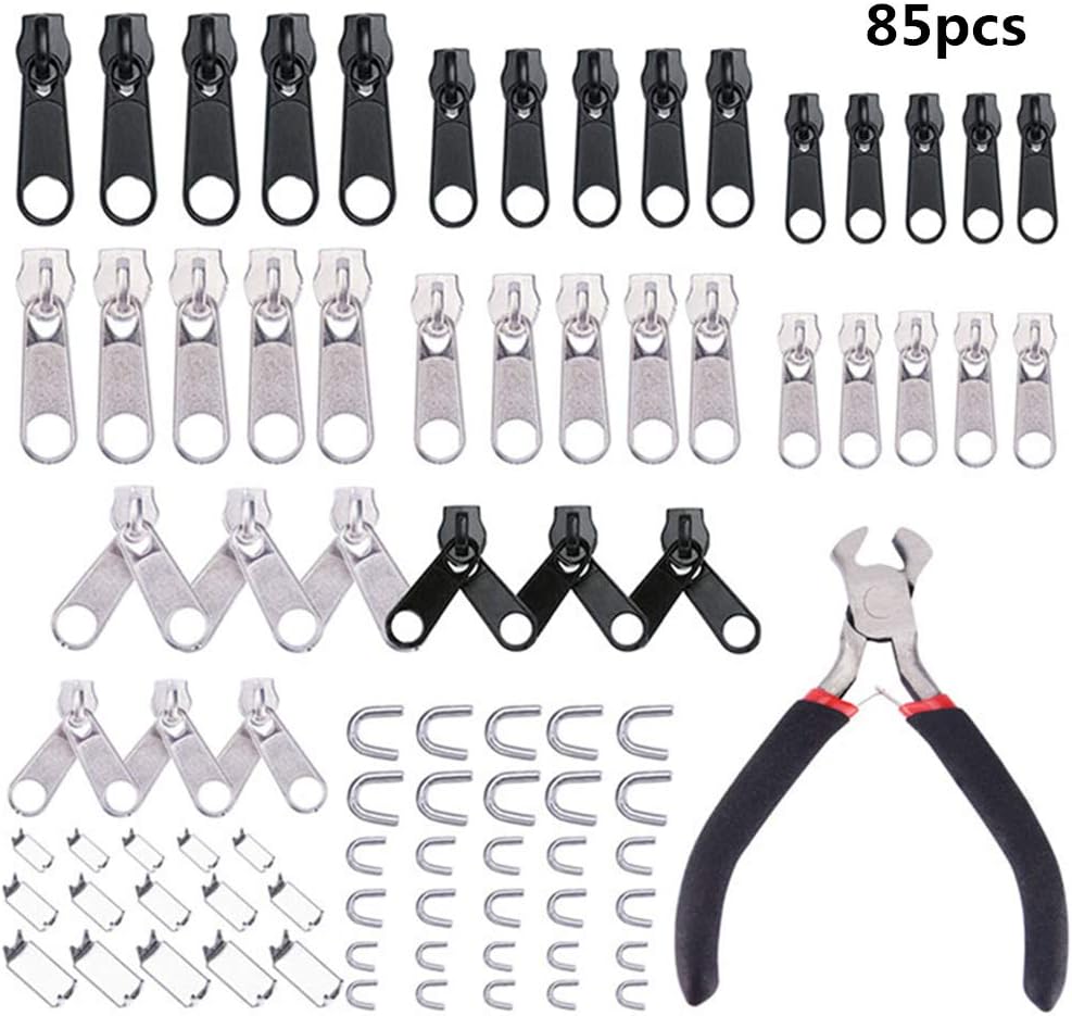 Zipper Repair Kit,Replacement Zip 85 Pieces Universal Zip Accessories with Pliers Tool for Bags Jackets Jeans Tents Luggage and Sleeping Bag