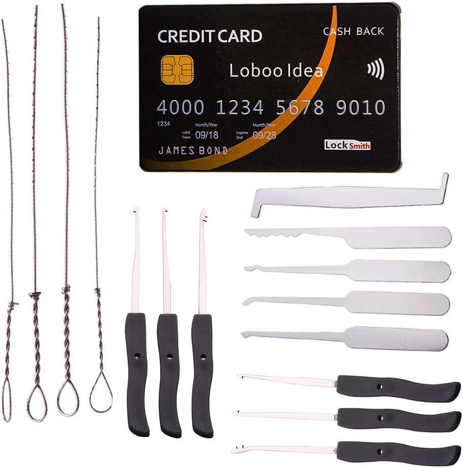 Loboo Idea 15-Piece Lock Pick Tools - Credit Card Style Lock Pick Set & Broken Key Extractor Kit for Locksmiths & Beginners