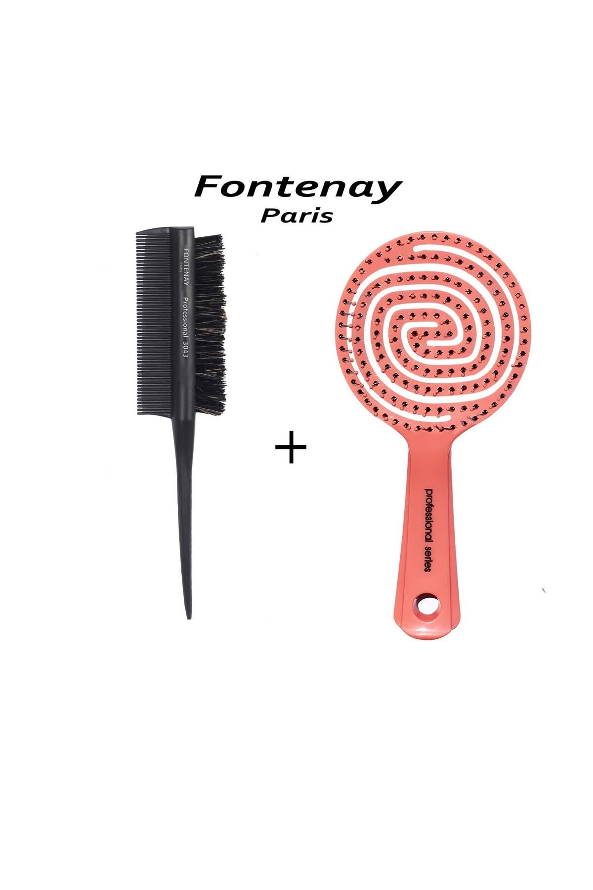 Fontenay Profesyonel Topuz Fırçası Krepe Şiş Tarak 3 In 1 3043 + 3 Boyutlu Açma Saç Fırçası 2'Li Set Pembe