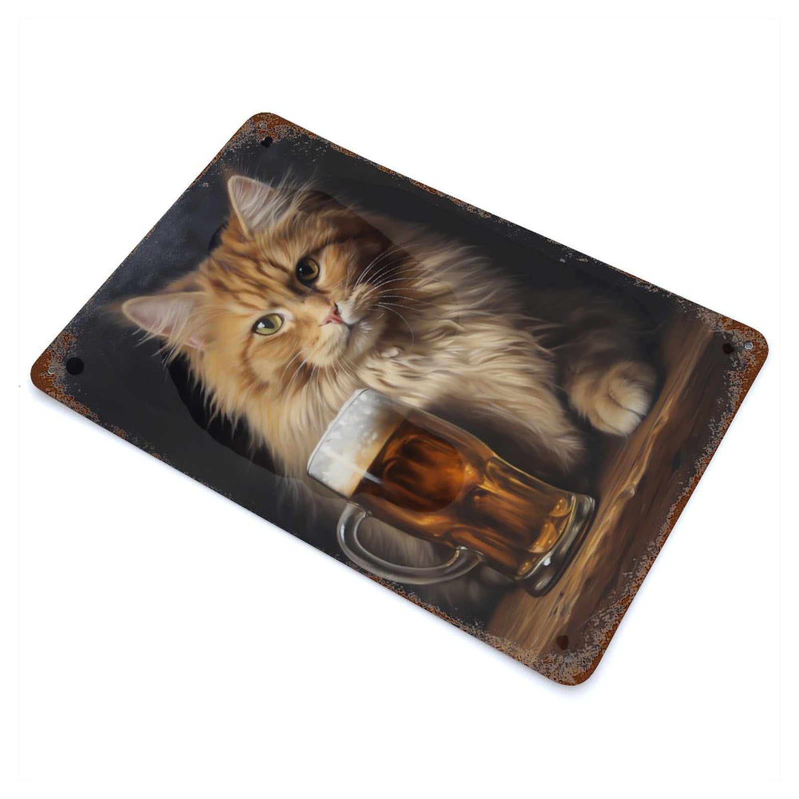 Cat with His Beer in Pub Rust Effect Tin Sign 11.8"x7.9", Novelty Wall Decor for Garage, Pub Or Kitchen