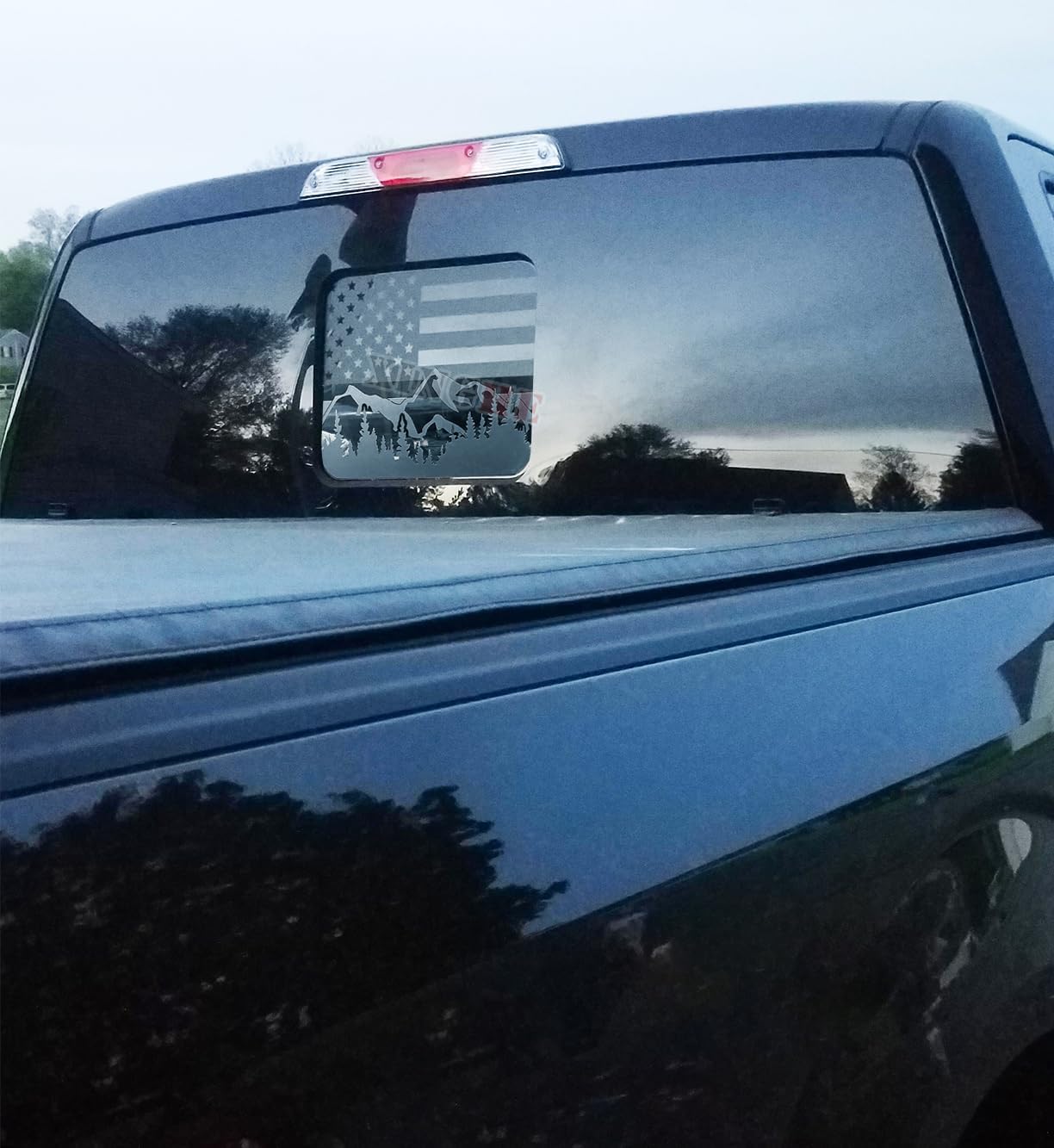 for Ford F150 F250 F350 2015-2023 Rear Middle Window Mountain American Flag Decals, Matte Black USA Flag Decal image 4