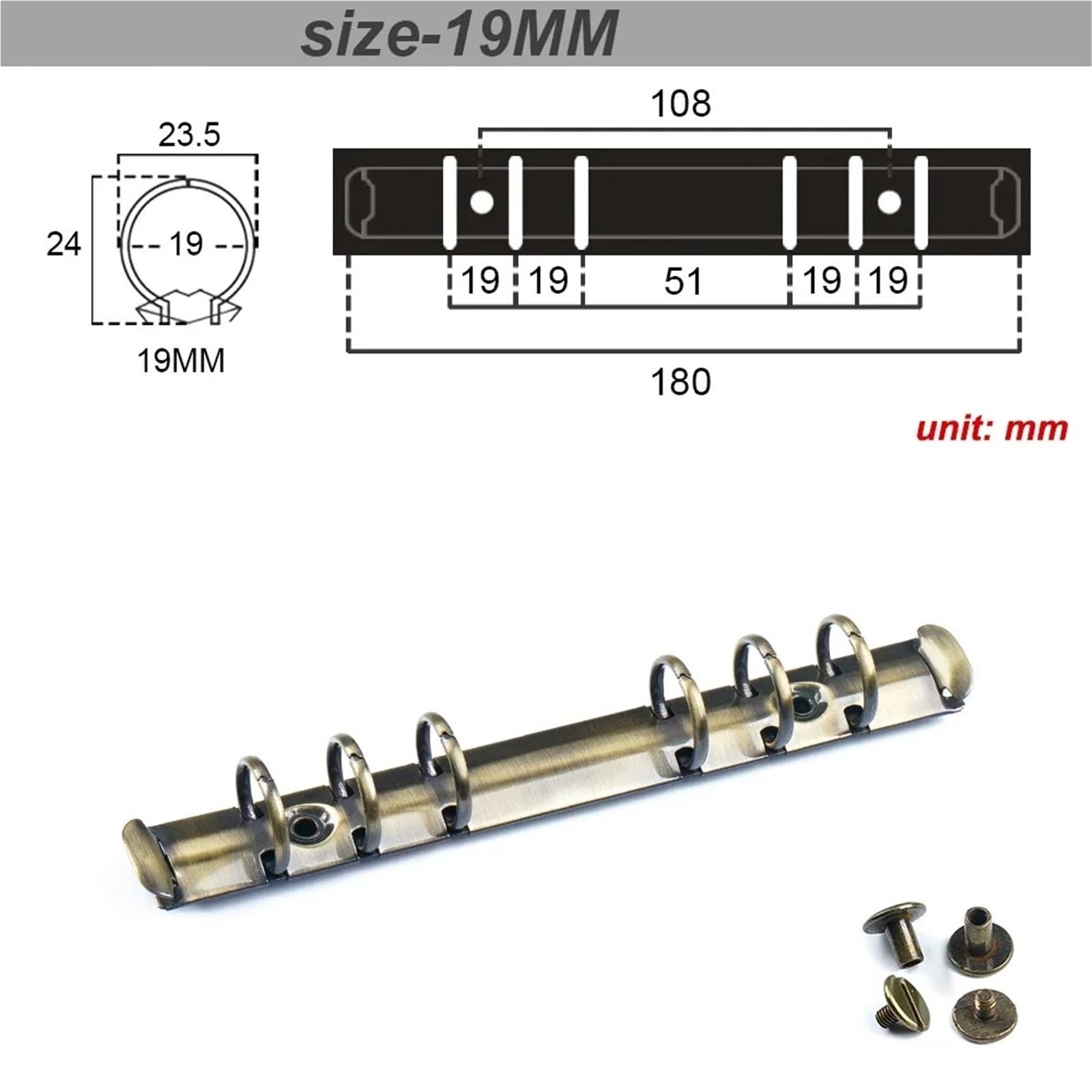 Clip foglie sciolte in metallo multicolore, Raccoglitore ad anelli A5 Meccanismo 4 a spirale metallica Vite Multi 19-30mm DiaryPlanner FileFolder(Brass 19mm)