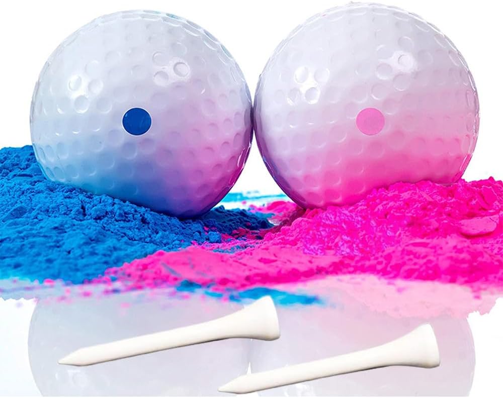 PEIQICHU One Pink & One Blue Gender Reveal Exploding Smog Golf Balls Celebrate Baby Shower Party Supplies Boy or Girl Surprise Safe Powder Smoke Explode On Impact (with 2 Tees)