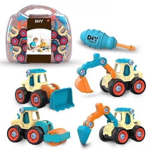 Fiegcit 車おもちゃ 組み立ておもちゃ 工事カー 建設車両 4台セット DIY知育玩具 ショベルカー 工事ごっこ遊び 砂場遊び ミニカー 大工車 子供 男の子 女の子 プレゼント (B)