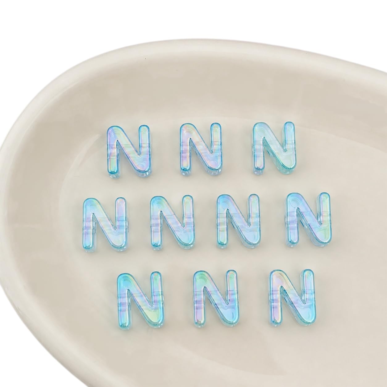 Letter Beads 10pcs, Large Acrylic Alphabet Beads with 6mm Hole, Iridescent Holographic UV Plated for Bracelet Making, Jewellery, Keyrings & Craft (Iridescent Sky Blue, Letter N)