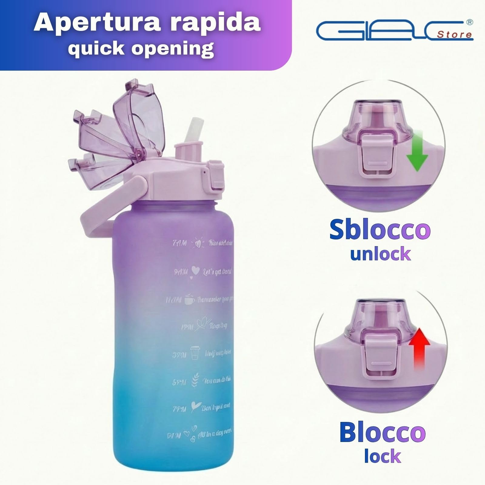 Motivierende Trinkflasche 2 l mit Strohhalm und Zeitskala, auslaufsichere Sportflasche mit Tragegriff, 33 x 11 cm, 217 g (Violett und Blau)