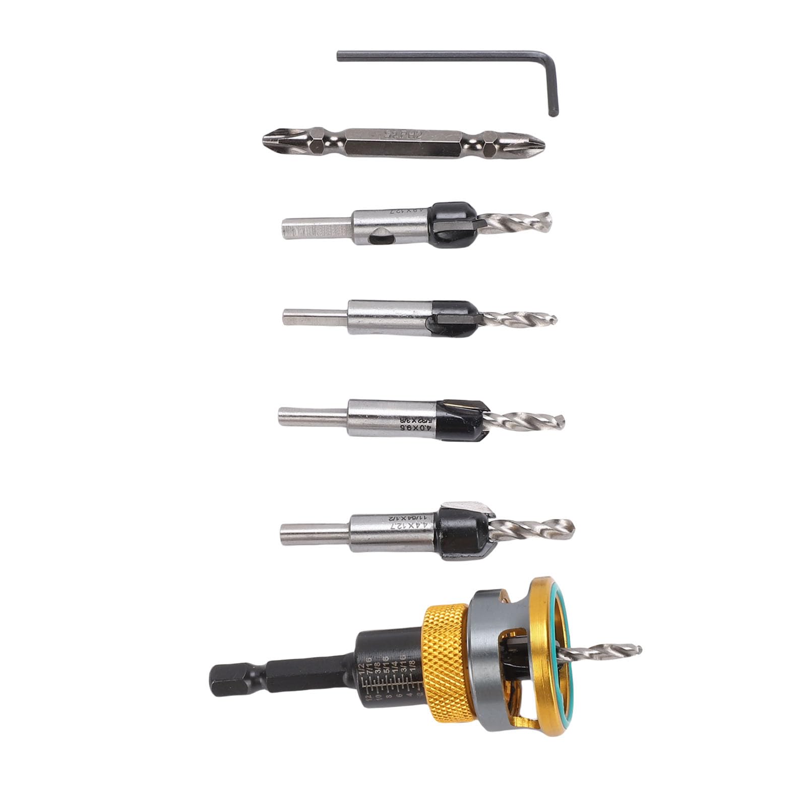 Hyuduo Broca Avellanadora Ajustable con Tope de Profundidad, Juego de Brocas de Aleación de Aluminio y Madera para Tableros de Fibra de Densidad Media, Incluye 4 Brocas y Herramientas de Repuesto