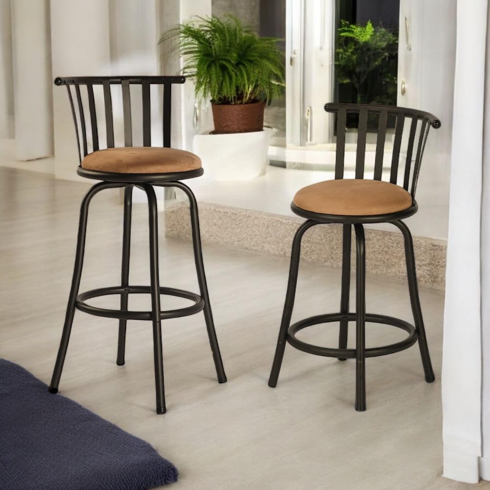 FurnitureR Swivel Bar Stool with Backrest Set of 2, 24/29 Inch Metal Bar Chair with Faux Suede Fabric Cushion for Kitchen Counter, Modern Industrial Barstools with Footrest for Dining Room,Brown
