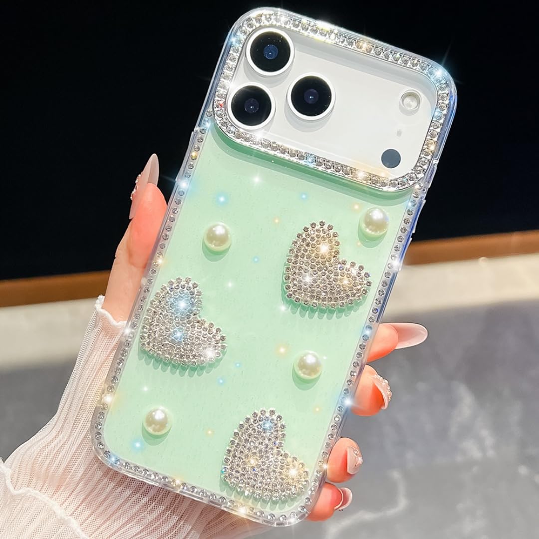Coque iPhone 17 Air ornée de strass perles et paillettes cœur 3D - 6