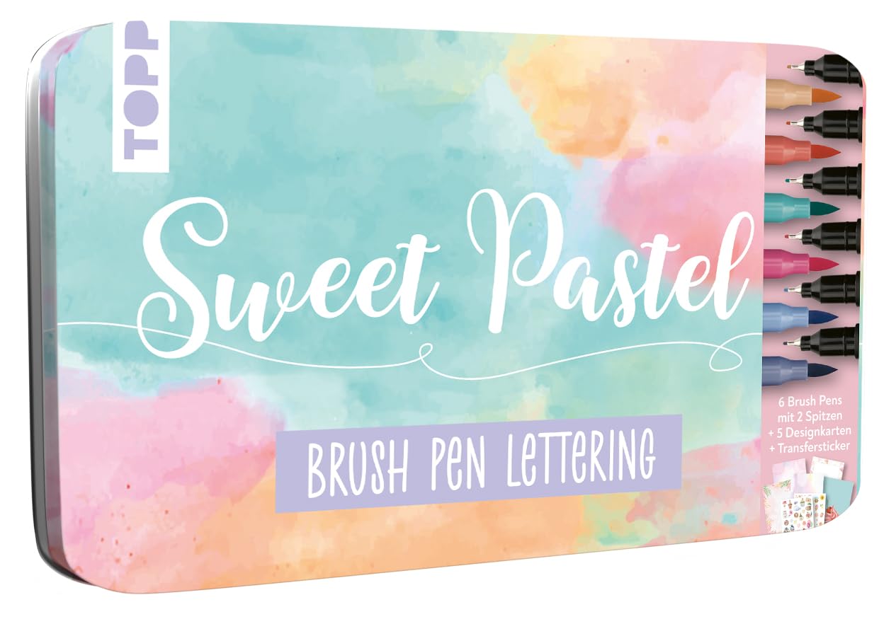 Brush Pen Lettering - Caja de diseño de pastel dulce (19 x 11,5 cm), 6 bolígrafos con punta fina en amarillo, naranja, rosa, verde claro, azul claro y gris, 5 tarjetas de papel de diseño, 2 hojas de