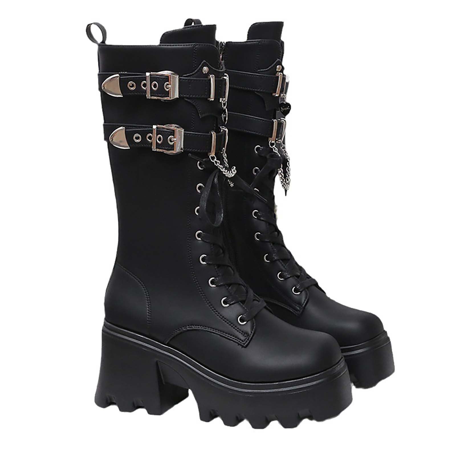 Generisch Damen Gothic Punk Plateau Stiefel Chunky hohe Plattform Mid Calf Absatz Spitze Up & Reißverschluss Runde Zehe Schnallen Kampfstiefel Moto Stiefel Rave Gothic Schuhe Leicht und komfortabel
