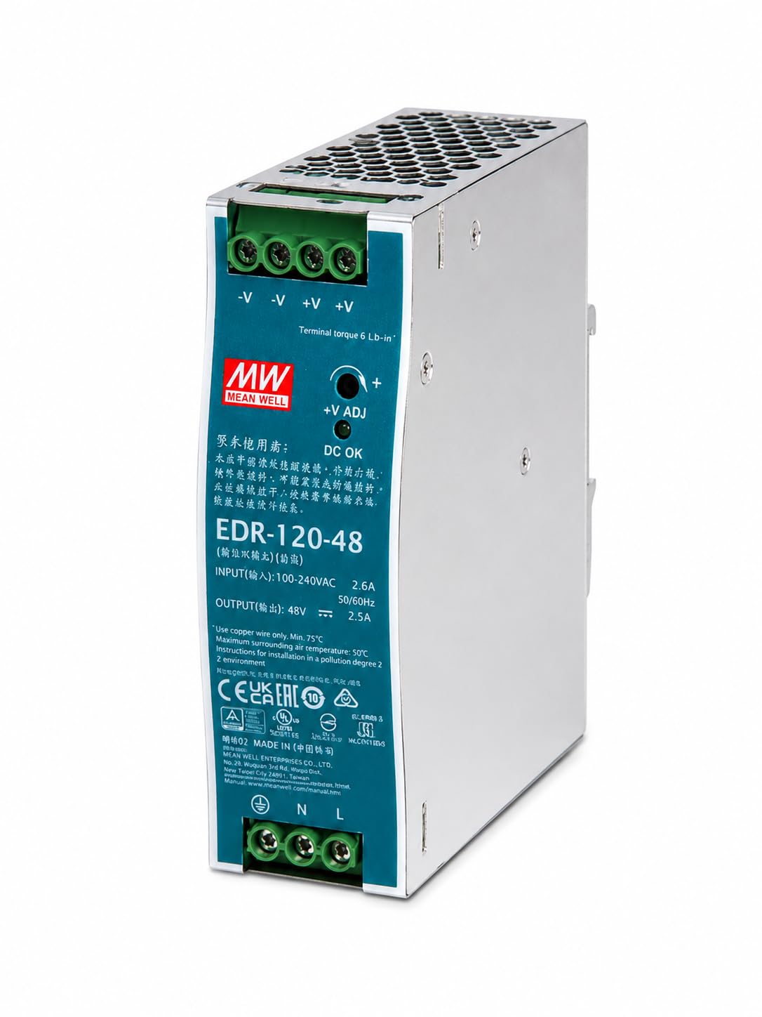 Mean Well EDR-120-48 DIN Rail Power Supply 48V 2.5A 120W | Single Output, Industrial Grade, Model EDR-120-48, 120W Capacity, 48V 2.5A Output-image-0