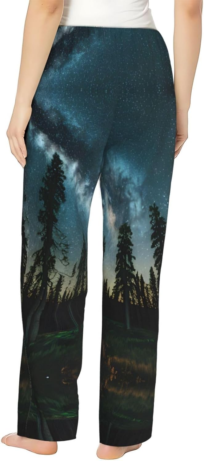 Night Sky With Trees Print Cozy Christmas Pajama Pants,Flannel Pajama Bottoms,Cater To Various Body Types