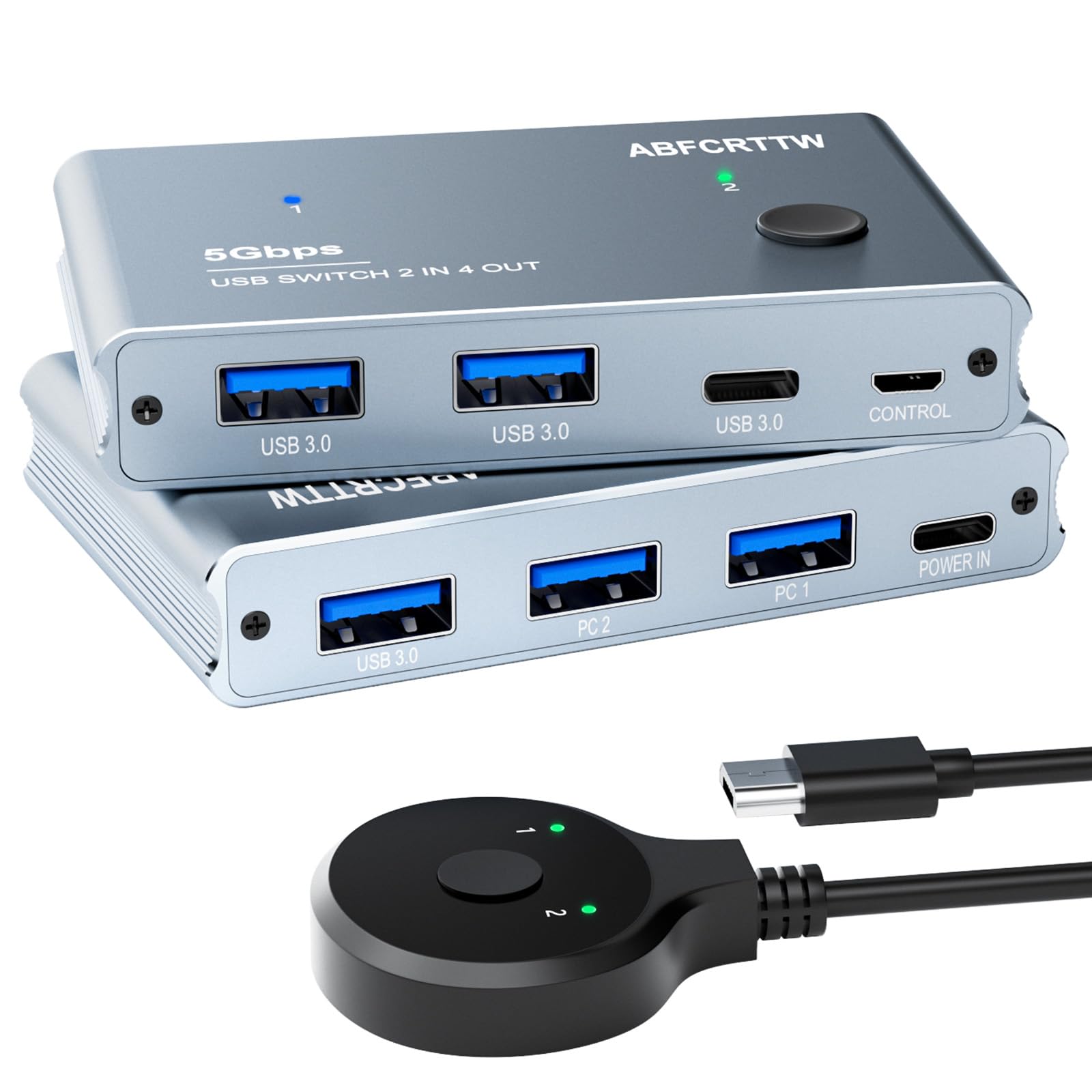 USB 3.0 Switch 2 in 4 Out with Desktop Controller, Aluminum USB Switch for 2 Computers with 1xUSB C Port and 3xUSB A Ports, 2 USB A to A Cables for