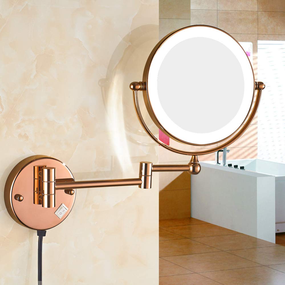 Espejo de maquillaje con luz LED montado en la pared, espejo de baño extensible de latón de doble cara de oro rosa de 8 pulgadas con aumento, con interruptor y enchufe,3x