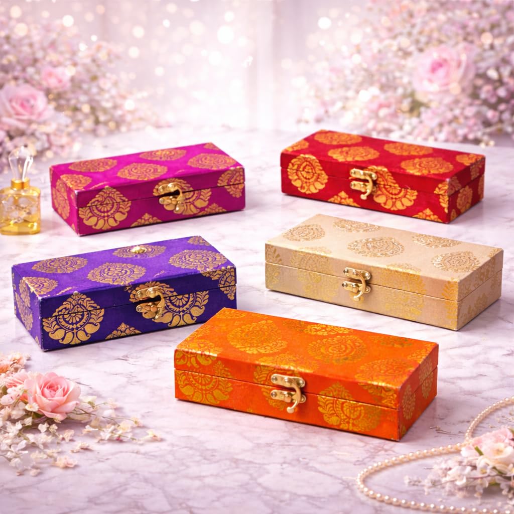 Decorative Shagun Cash Box Set of 5 with Golden Lock – Wedding Money Gift Box, Velvet Brocade Jewelry Storage Case, Return Gift Box for Wedding, Festive Packing, Shagun Envelope Box-image-8