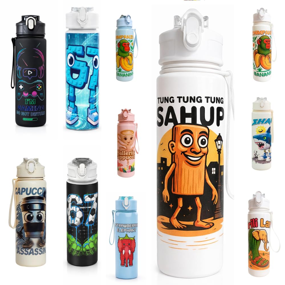 Jamaah Everyday Essentials Kids Novelty Cartoon Water Bottle – Fun Meme Style Design - White Wood Stick Man — image 1