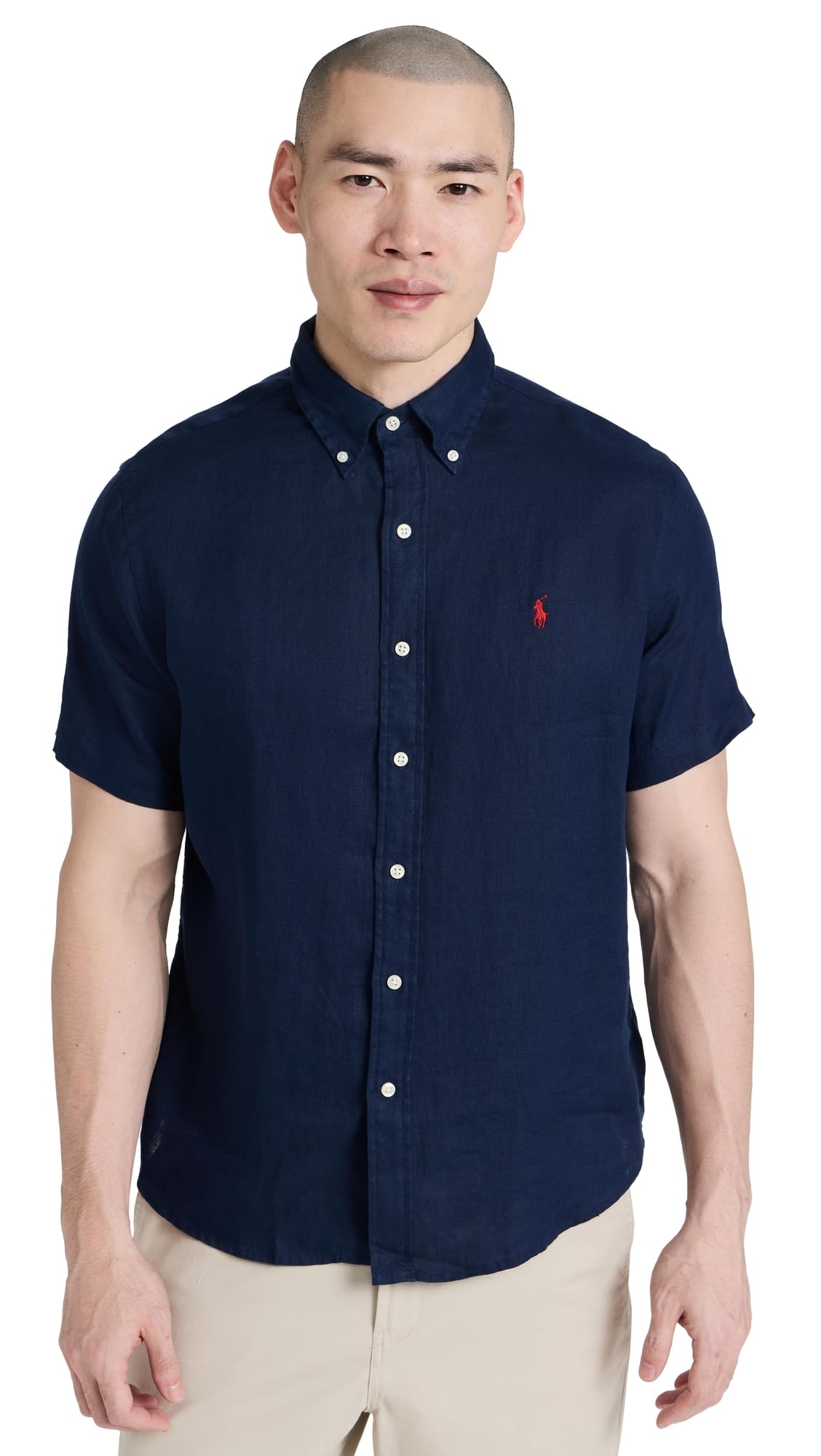 POLO RALPH LAUREN Men's Short Sleeve Linen Shirt, Newport Navy, Medium