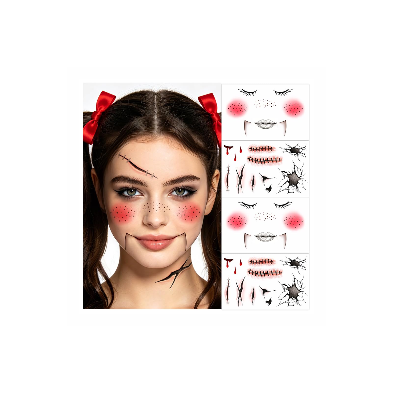 Halloween Creepy Doll Face Makeup Temporary Tattoos for Women and girls