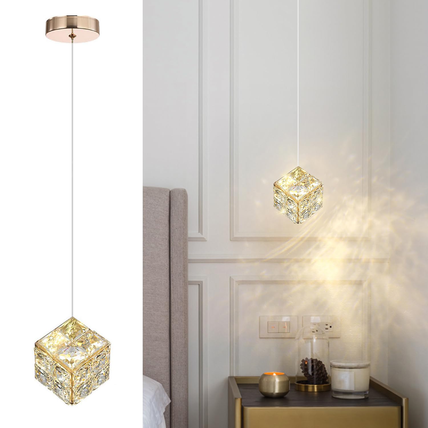 Modern Crystal Pendant Light, 3-Color LED Ceiling Pendant Lamp with Adjustable Height, Decorative Hanging Lights Fixture for Bedroom, Living Room, Kitchen Island, Dining Room, Hallway (1-Light Gold)