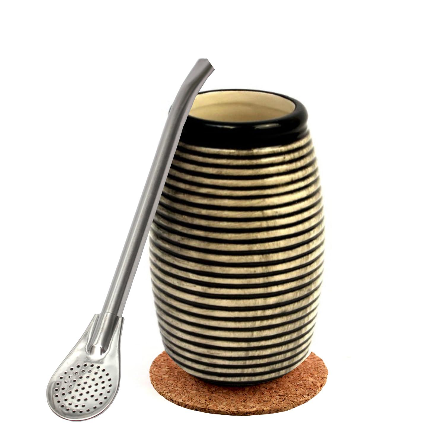Zestaw Yerba Mate z Kubkiem Ceramicznym 260 ml - Słomka Bombilla 19 cm, Podkładka Korkowa, Stal Nierdzewna Straw and Ceramik Tea Cup